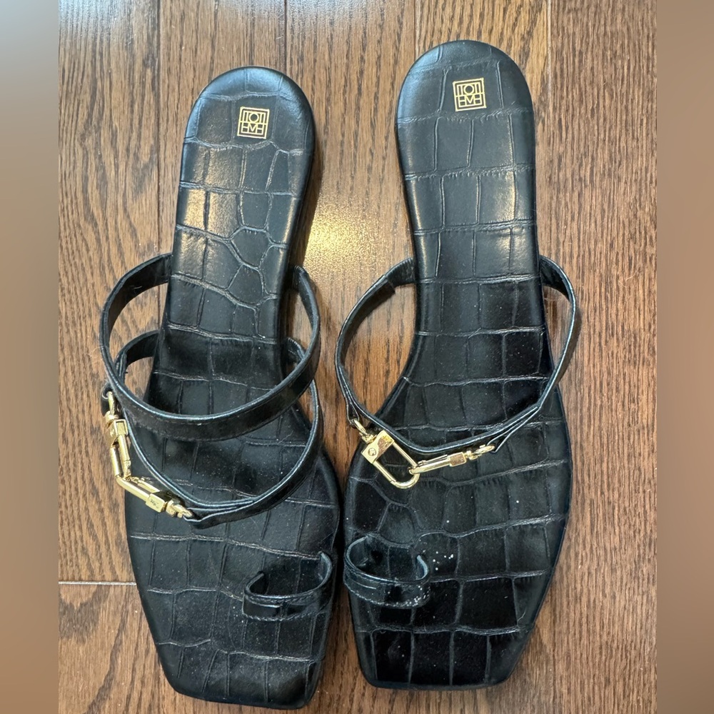 Toteme Black Croc-Embossed Leather Slide Sandals with Gold Hardware